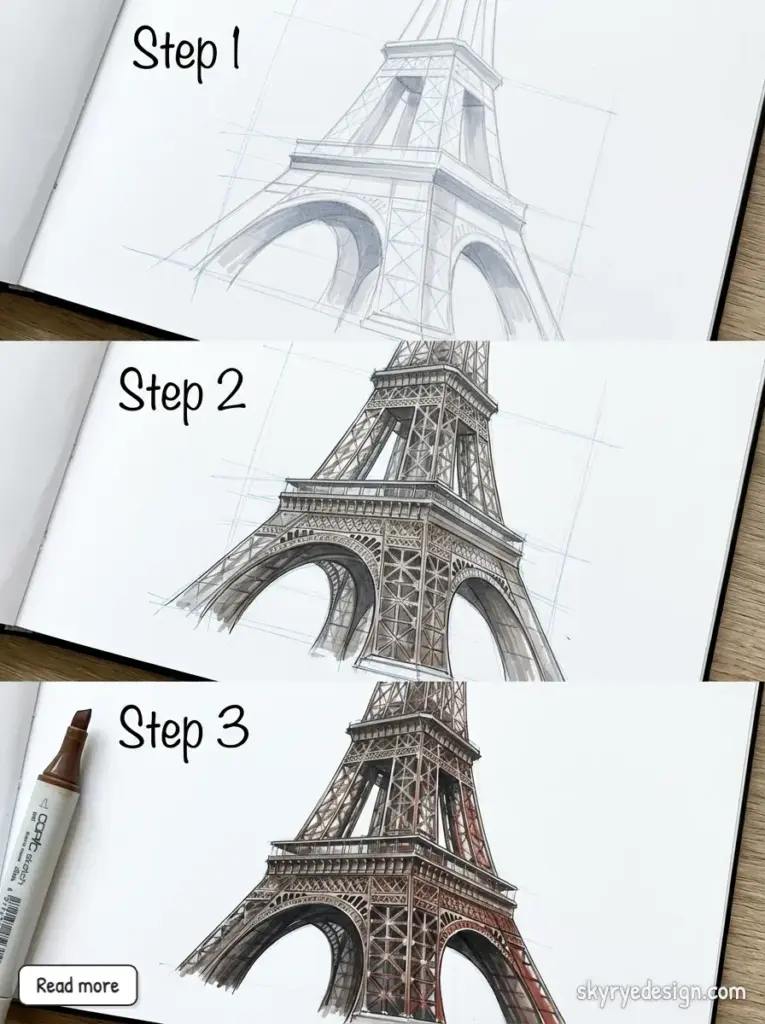 Drawing of the Eiffel Tower in three steps, from sketch to detailed color, showcasing artistic progress and technique.
