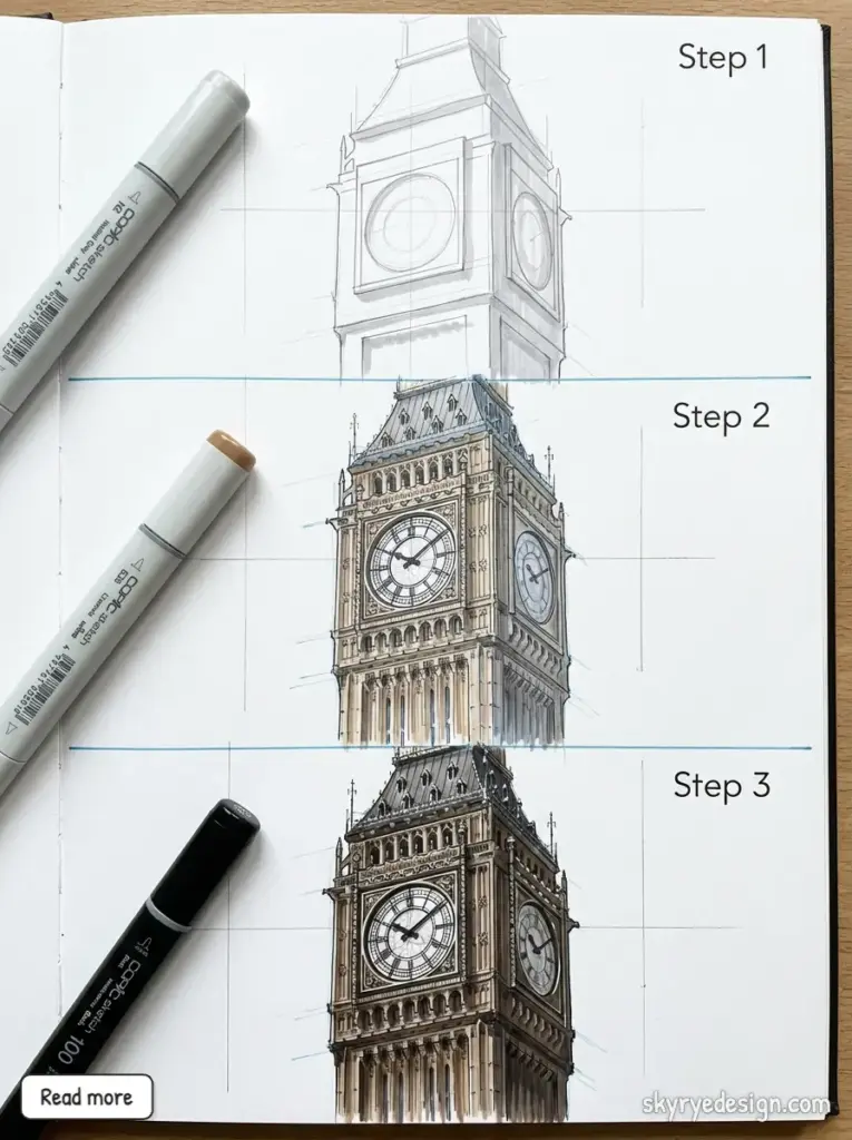 Step-by-step sketch of Big Ben, from outline to detailed illustration, showcasing drawing techniques with markers.