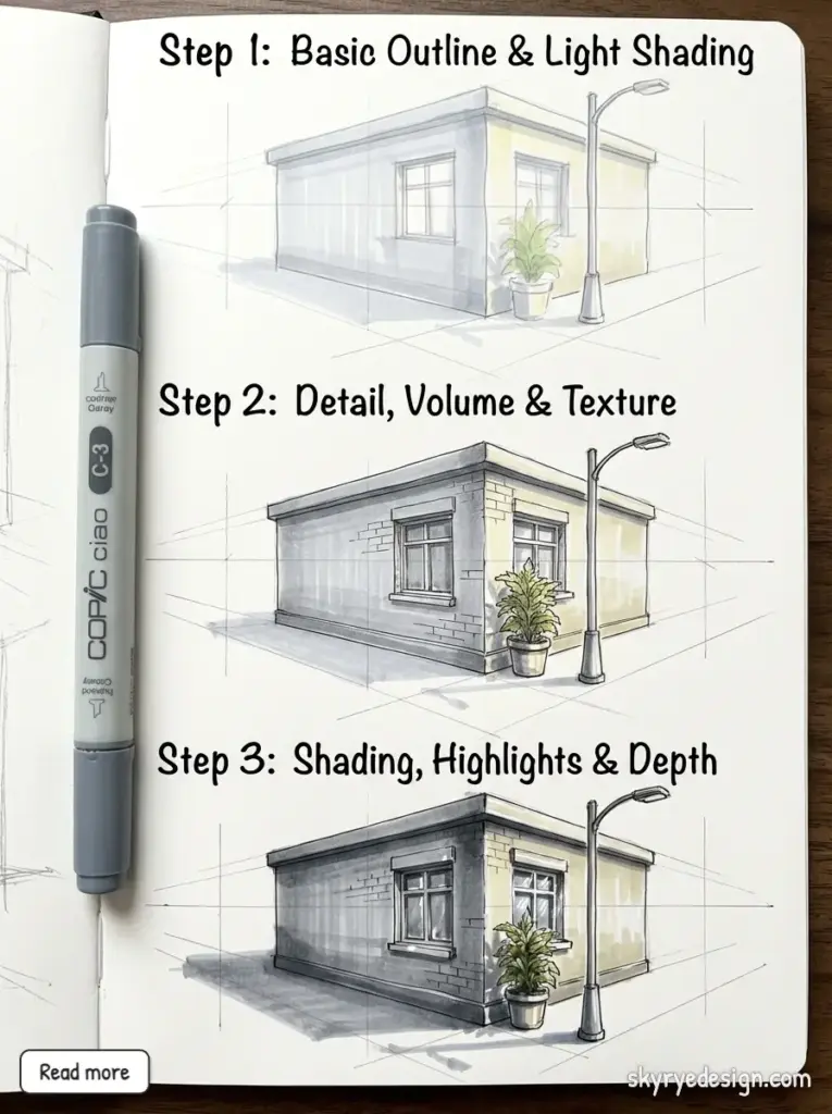 Step-by-step architectural sketching tutorial: outline, detail, shading techniques with Copic marker for building depth and realism.