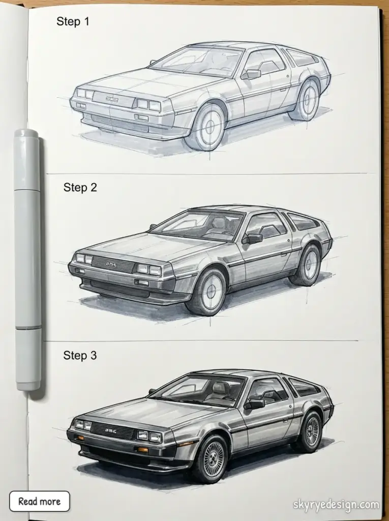 Step-by-step sketch of a classic car design, showcasing progress from outline to full detail.