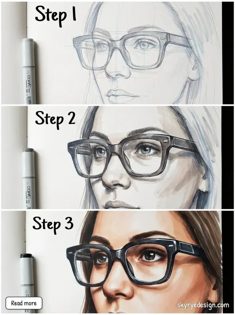 Drawing tutorial in three steps: sketch, shading, and adding color to a portrait of a person wearing glasses.