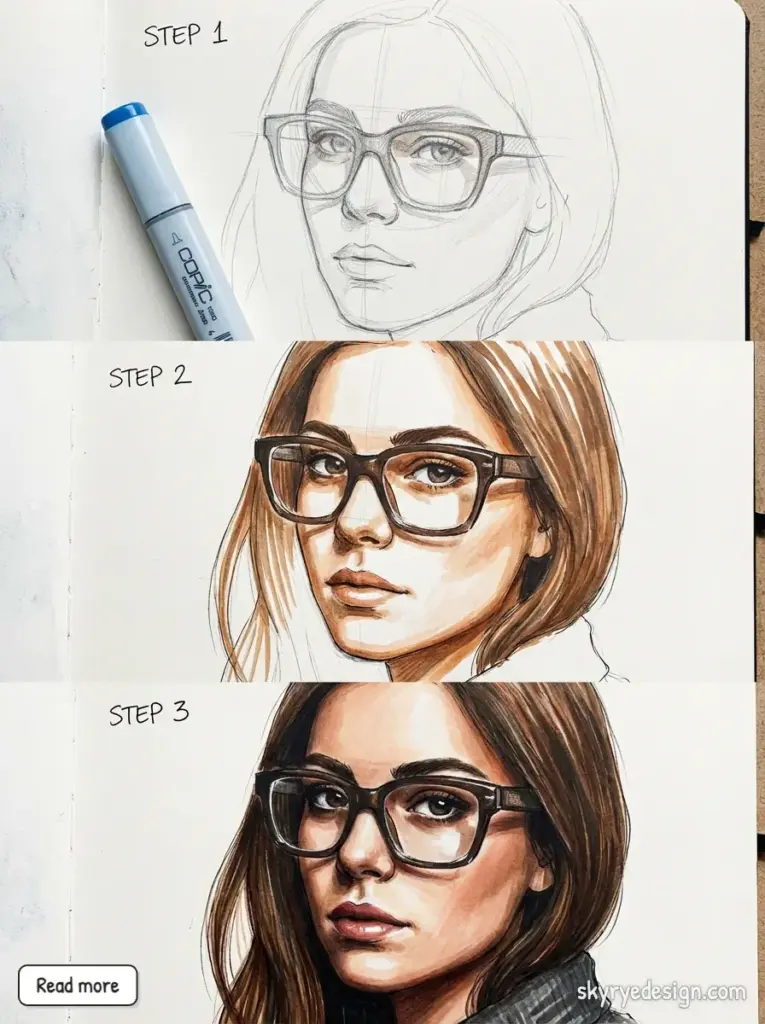Step-by-step illustration of a woman with glasses, showing progression from sketch to detailed color in three stages.