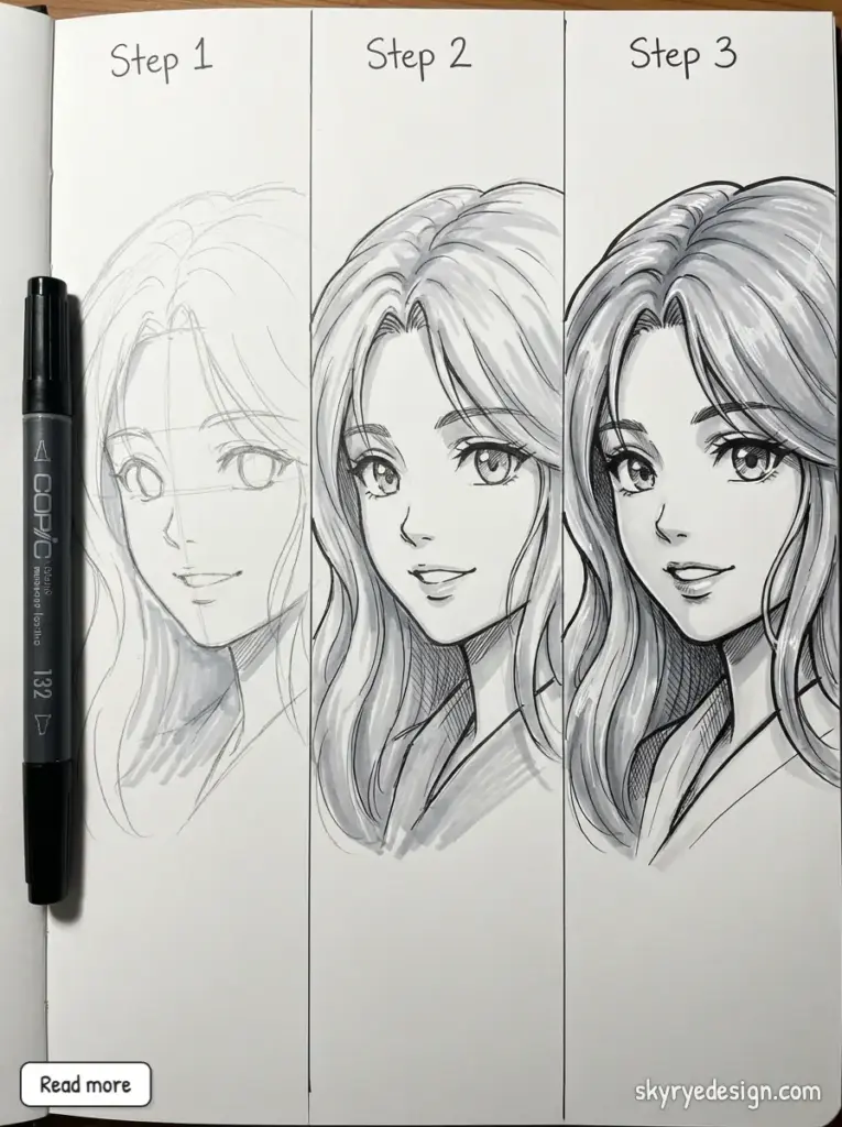 copic-tutorial-1769810961796 Three-step manga drawing tutorial showing the progression from sketch to finished character illustration with detailed shading. | Sky Rye Design Three-step manga drawing tutorial showing the progression from sketch to finished character illustration with detailed shading.