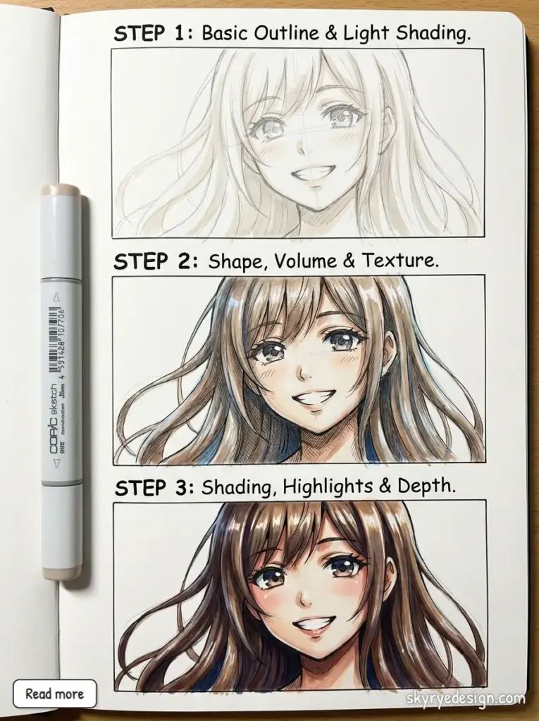 copic-tutorial-1769811431497 Three-step tutorial shows how to draw a detailed anime girl face: outline, shape and texture, and final shading with highlights. | Sky Rye Design Three-step tutorial shows how to draw a detailed anime girl face: outline, shape and texture, and final shading with highlights.