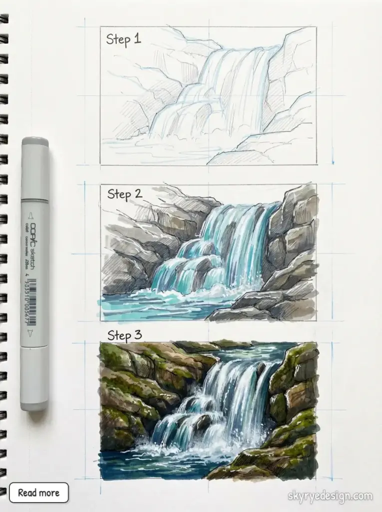 copic-tutorial-1769894629201 Waterfall drawing tutorial with three steps: sketch, color base, and detailed shading; includes Copic marker. | Sky Rye Design Waterfall drawing tutorial with three steps: sketch, color base, and detailed shading; includes Copic marker.