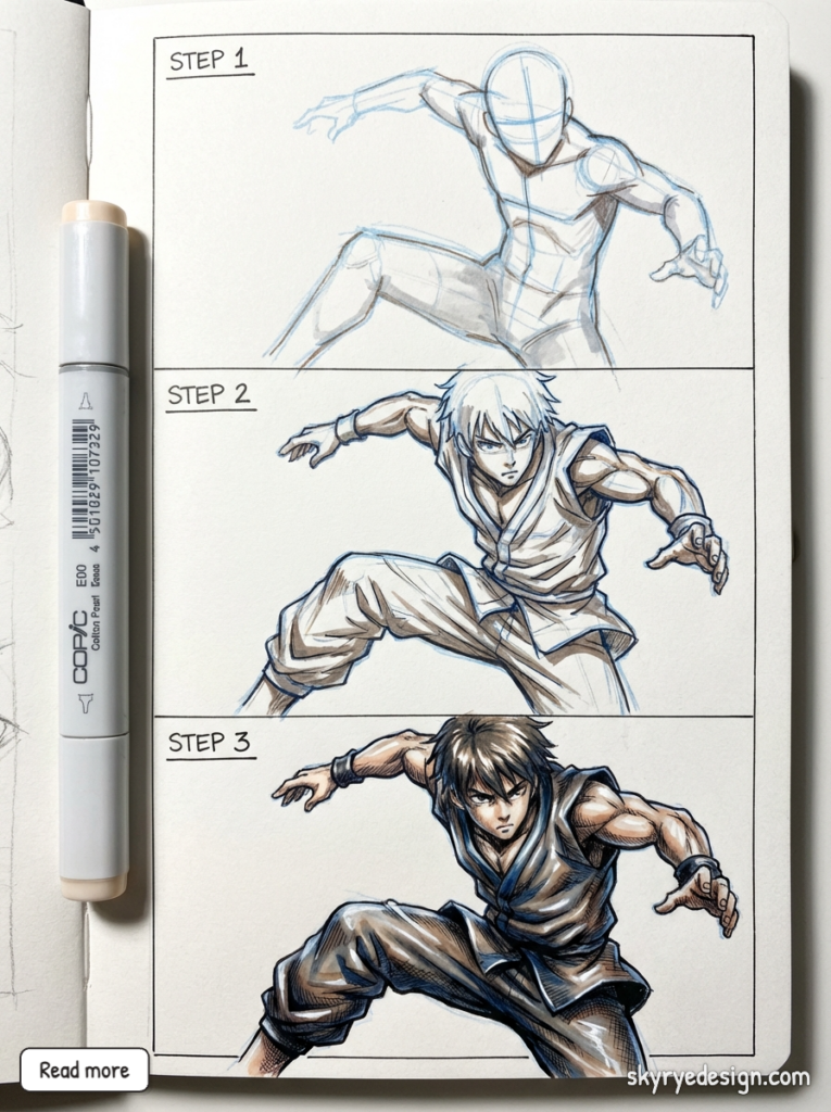 Step-by-step anime martial artist drawing in sketchbook: rough sketch to inked and shaded Copic marker art.