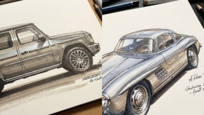 Illustrated sketches of Mercedes-Benz G-Class and classic Gullwing, showcasing automotive design artistry and vintage appeal.