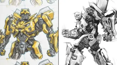Yellow and grey robot sketches showcasing intricate mechanical details and futuristic design concepts in two different styles.