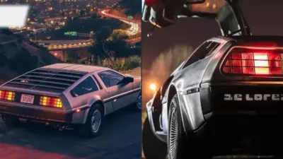 Vintage DeLorean car with license plate FUTURE, parked against a cityscape backdrop at night, showcasing iconic design elements.