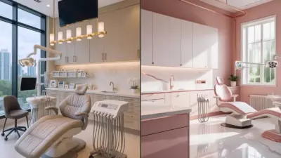 Modern dental clinic interior, featuring sleek beige and pink designs, advanced equipment, and large windows with city and garden views.