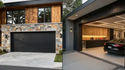 Modern garages: stone-clad exterior with closed door and sleek interior with open door, car, and illuminated ceiling panels.