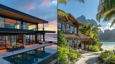 Modern beachfront villa at sunset and tropical beach house with palm trees, showcasing luxury coastal living and stunning architectural design.