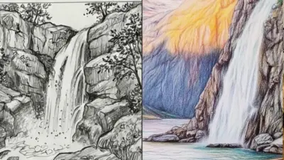 Side-by-side waterfall illustrations: a grayscale sketch and a vibrant color drawing, showcasing natural beauty and artistic contrast.