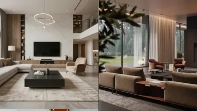Modern living room with sleek furniture, large windows, and elegant lighting. Stylish interior design with a cozy and spacious feel.
