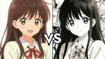 Illustration of two anime girls, one in color, one in black and white, with VS text in the center, highlighting contrast.