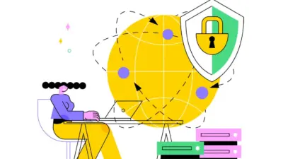 Illustration of a person at a desk with a globe and security shield, emphasizing online privacy and internet security concepts.