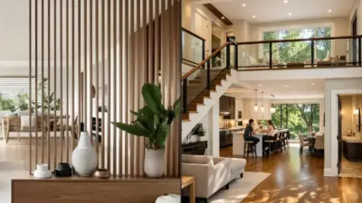 Modern open-plan living room and kitchen featuring wood accents, large windows, cozy seating, and a stylish staircase.