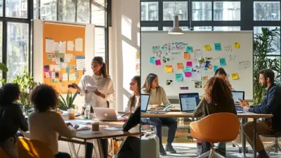 Collaborative team brainstorming in bright office with sticky notes and laptops, fostering creativity and productivity in modern workspace.