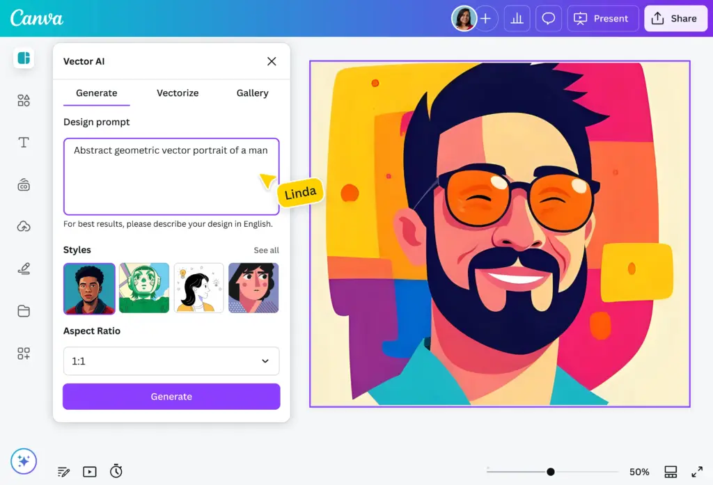 create_ai-vector-generator_how-to Abstract geometric vector portrait of a smiling man with beard and sunglasses, colorful modern art style. | Sky Rye Design Abstract geometric vector portrait of a smiling man with beard and sunglasses, colorful modern art style.