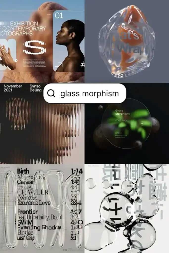 d3206540af74a15b39ecc87929b13c30 Collage showcasing glassmorphism designs with text overlays, abstract shapes, and search for glass morphism in modern style. | Sky Rye Design Collage showcasing glassmorphism designs with text overlays, abstract shapes, and search for glass morphism in modern style.