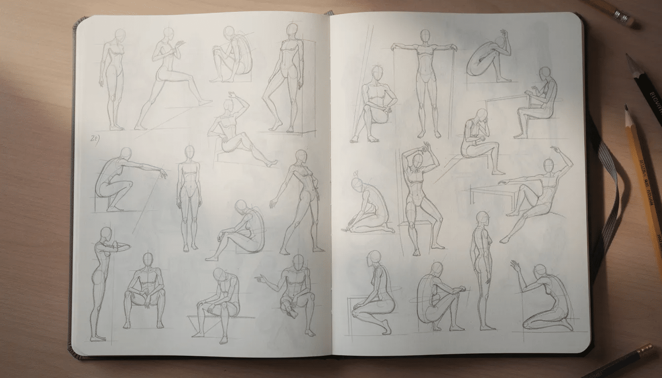 The image shows sketchbook pages filled with quick gesture drawings, showcasing diverse models in various poses, capturing human anatomy and facial expressions. These artworks serve as helpful references for artists practicing figure drawing and exploring different perspectives.