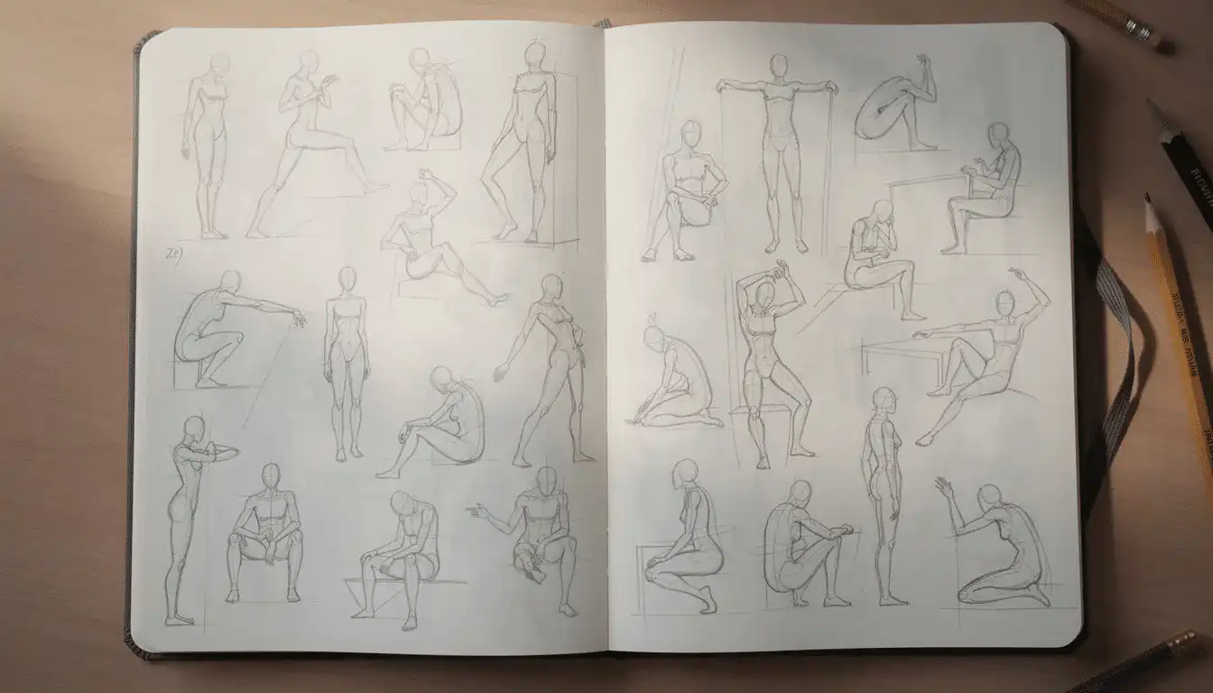 The image shows sketchbook pages filled with quick gesture drawings, showcasing diverse models in various poses, capturing human anatomy and facial expressions. These artworks serve as helpful references for artists practicing figure drawing and exploring different perspectives.
