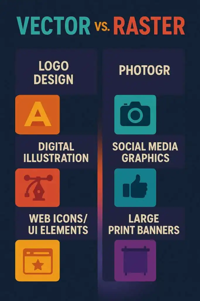 d6de5c133eaf1c53d914625e1589afe4 Comparison chart of Vector vs Raster images for different uses: logo design, digital illustration, social media graphics, and banners. | Sky Rye Design Comparison chart of Vector vs Raster images for different uses: logo design, digital illustration, social media graphics, and banners.