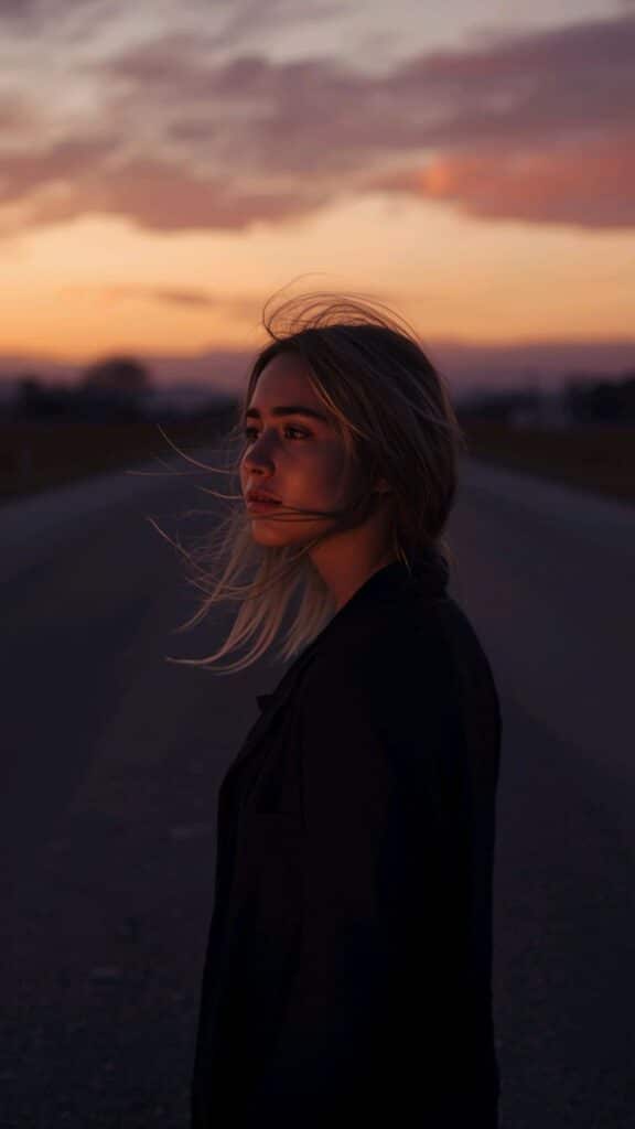 d84b857d-980b-4732-a479-b64de4217499 Woman standing on a road at sunset, looking contemplative. Sky painted with warm hues of orange and pink, creating a serene backdrop. | Sky Rye Design Woman standing on a road at sunset, looking contemplative. Sky painted with warm hues of orange and pink, creating a serene backdrop.