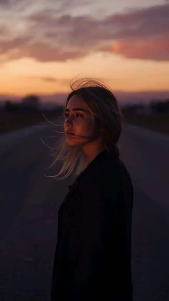 d84b857d-980b-4732-a479-b64de4217499 Woman standing on a road at sunset, looking contemplative. Sky painted with warm hues of orange and pink, creating a serene backdrop. | Sky Rye Design Woman standing on a road at sunset, looking contemplative. Sky painted with warm hues of orange and pink, creating a serene backdrop.