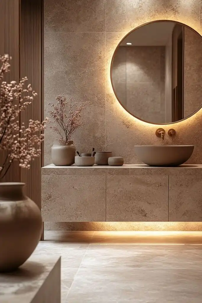 Modern bathroom with illuminated round mirror, stone sink, and beige decor, creating a warm, elegant ambiance with