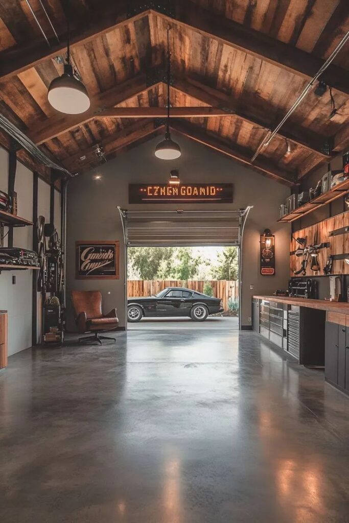 d9be0a8f-25d6-4049-8d04-a2d4cfdf3ed8 Rustic garage interior with vintage car, wooden ceiling, and industrial decor. Open door reveals a sleek black car outside. | Sky Rye Design Rustic garage interior with vintage car, wooden ceiling, and industrial decor. Open door reveals a sleek black car outside.