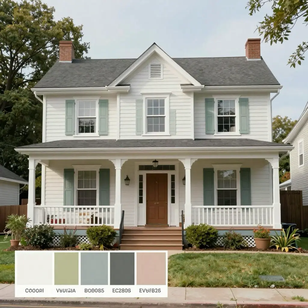 Charming white house with blue shutters, surrounded by greenery. Paint swatches show exterior color options. Classic and inviting design.