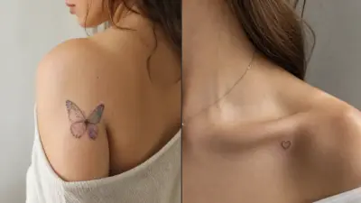 Side-by-side: watercolor butterfly tattoo on shoulder and tiny outline heart tattoo on collarbone