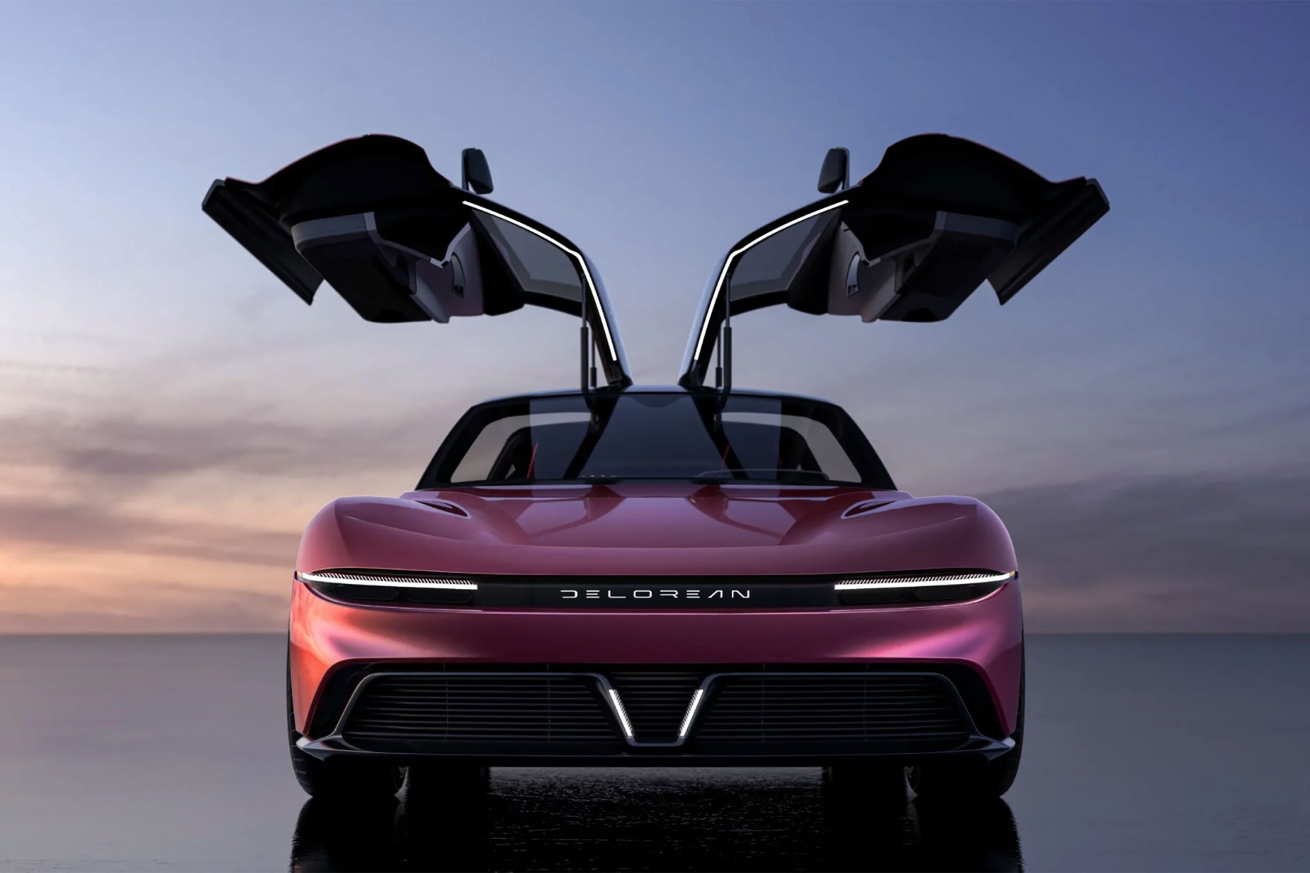 Sleek red DeLorean with futuristic gullwing doors open against a twilight sky, showcasing modern design and innovation.