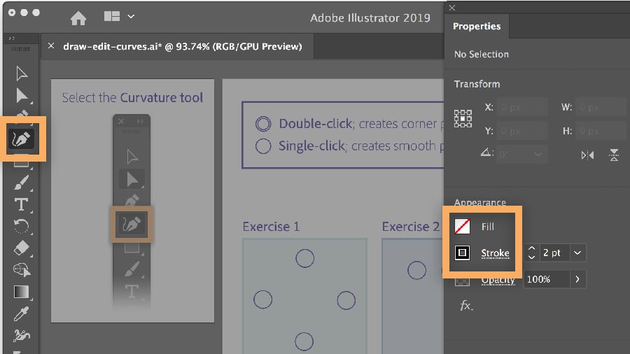 draw-edit-curves_step1-v2 Adobe Illustrator interface highlighting the Curvature tool and properties panel for editing fill and stroke options. | Sky Rye Design Adobe Illustrator interface highlighting the Curvature tool and properties panel for editing fill and stroke options.