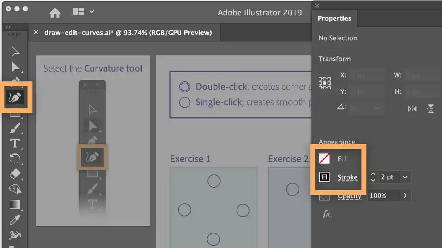 draw-edit-curves_step1-v2 Adobe Illustrator interface highlighting the Curvature tool and properties panel for editing fill and stroke options. | Sky Rye Design Adobe Illustrator interface highlighting the Curvature tool and properties panel for editing fill and stroke options.
