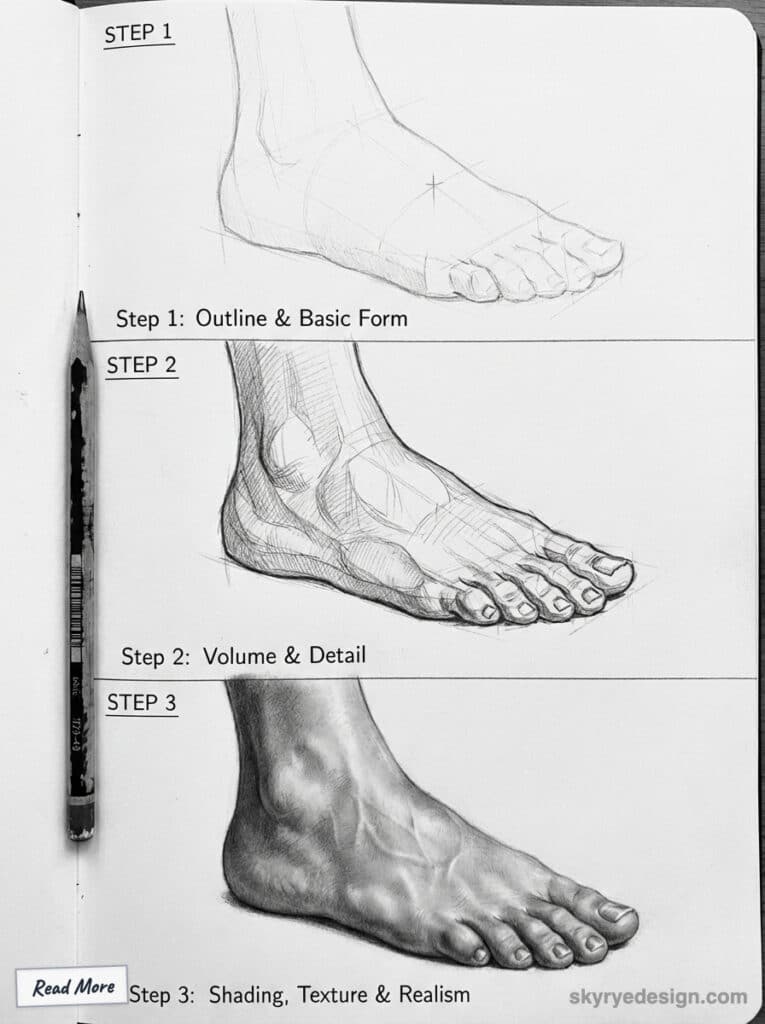 Step-by-step foot drawing guide: outline, volume, and realistic shading. Learn to sketch with detailed instructions.