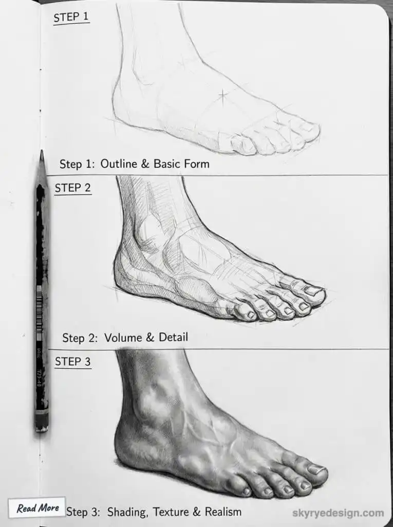 Step-by-step foot drawing guide: outline, volume, and realistic shading. Learn to sketch with detailed instructions.