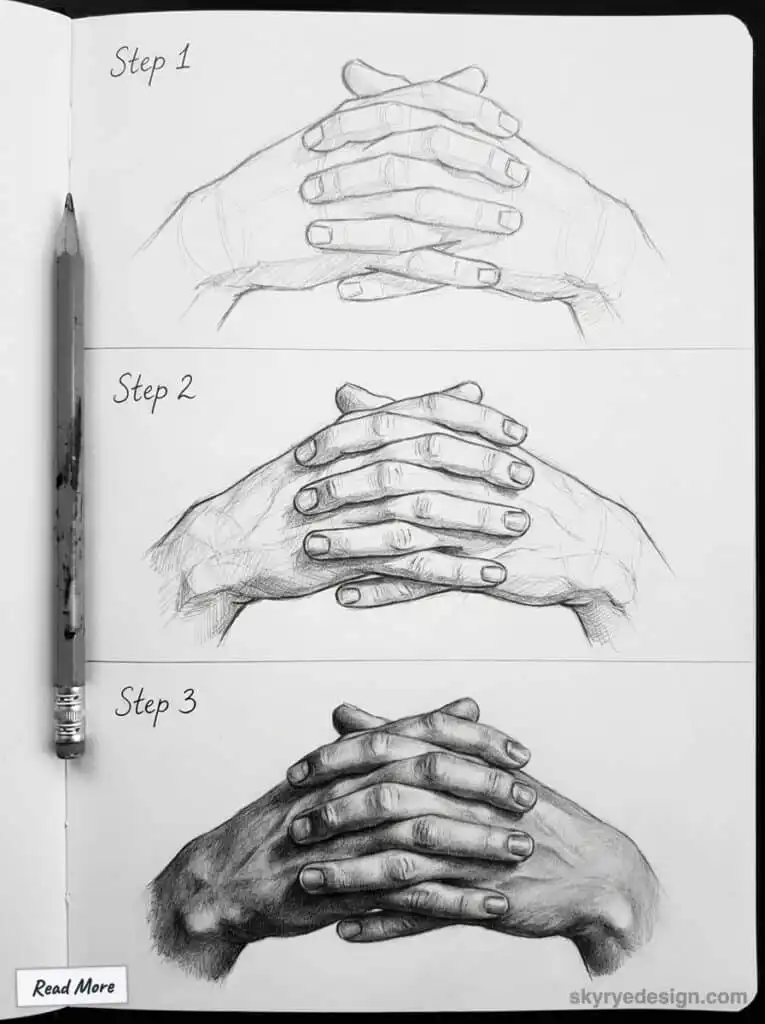 Step-by-step hand drawing tutorial with pencil, showcasing detailed progression from basic sketch to refined illustration.