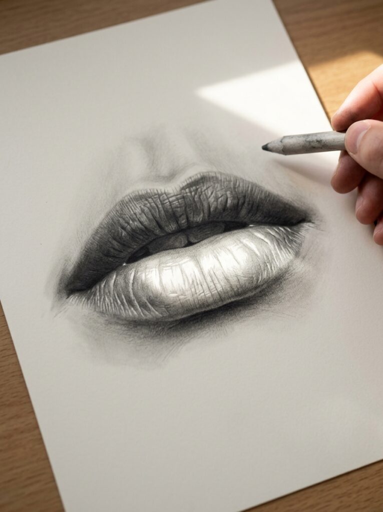 Hyperrealistic pencil and charcoal sketch of lips on paper, close-up with artist's hand and detailed shading
