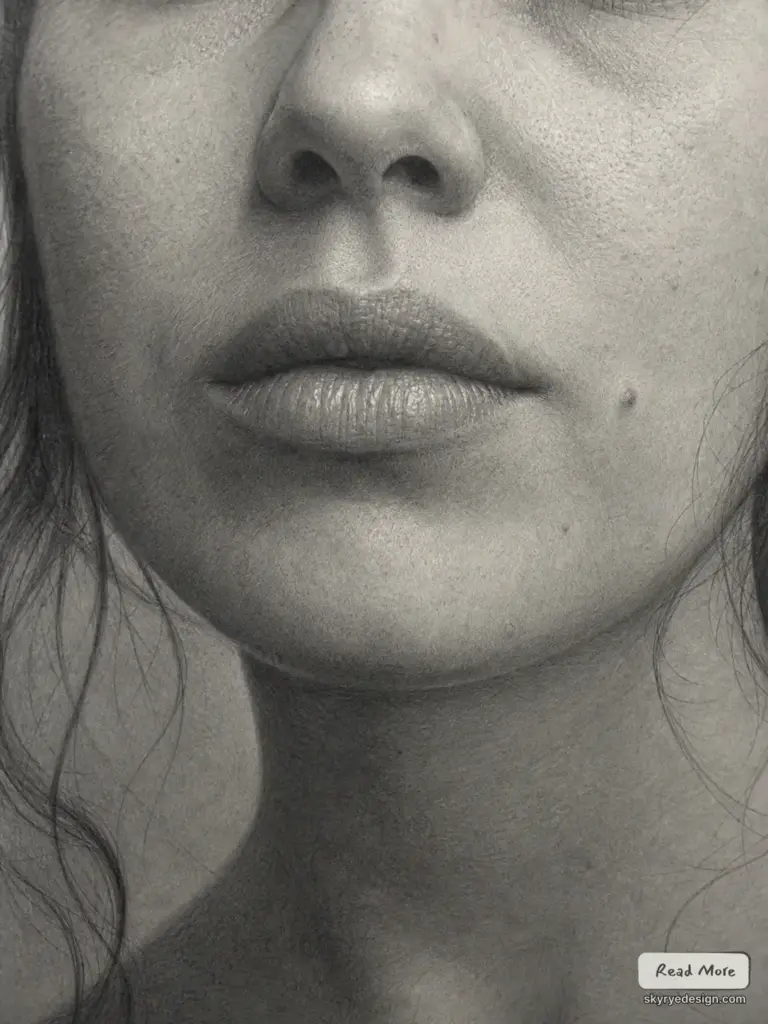 Close-up hyperrealistic pencil portrait of a woman's lower face and neck, detailed lips, skin texture and beauty mole