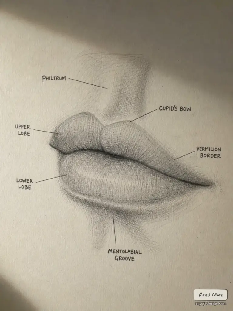 Pencil anatomical sketch of lips with labels: philtrum, cupid's bow, vermilion border, upper/lower lobe, mentolabial groove