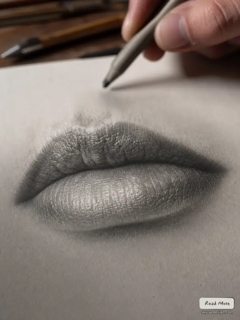 Close-up of a hand drawing a lip liner along a woman's lips in grayscale.
