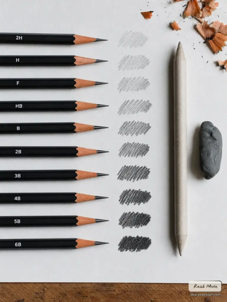 Row of labeled graphite pencils (2H to 6B) with corresponding shading swatches on white paper—pencil test sheet.