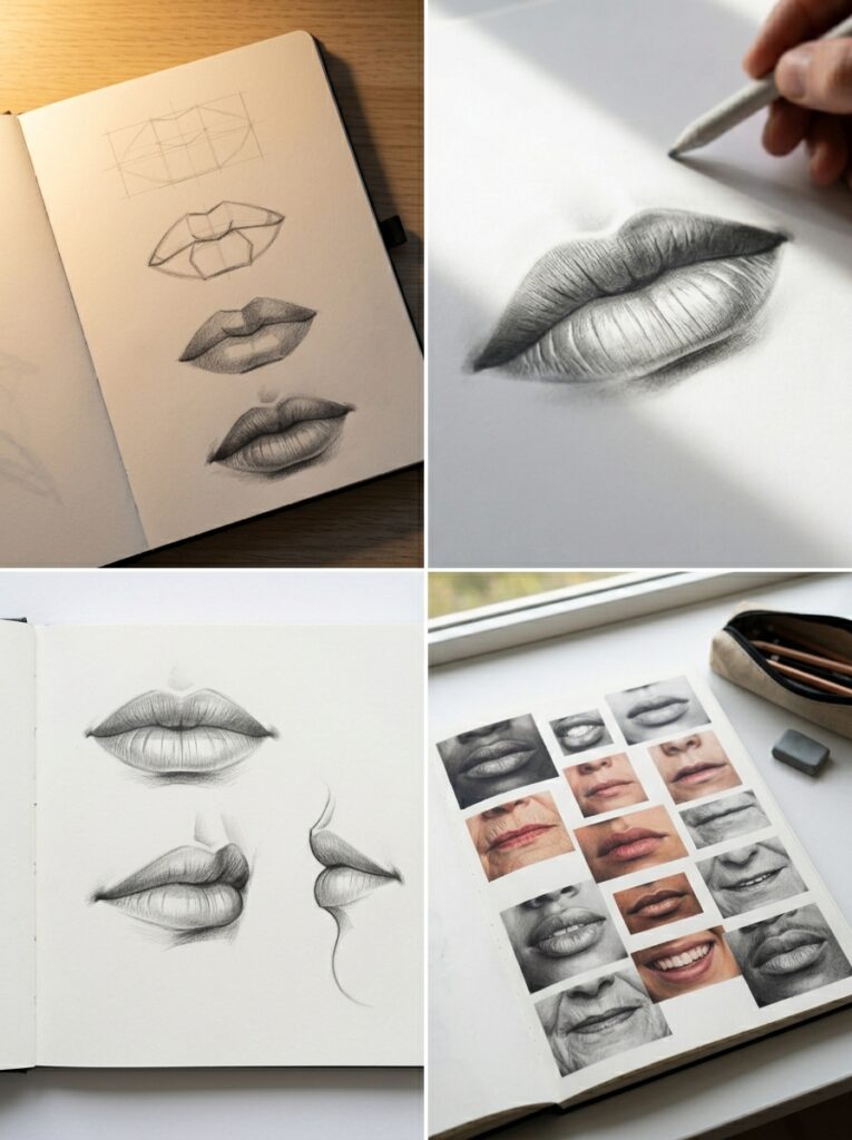 Pencil sketchbook showing step-by-step lip studies and photo reference collage for realistic lip drawing