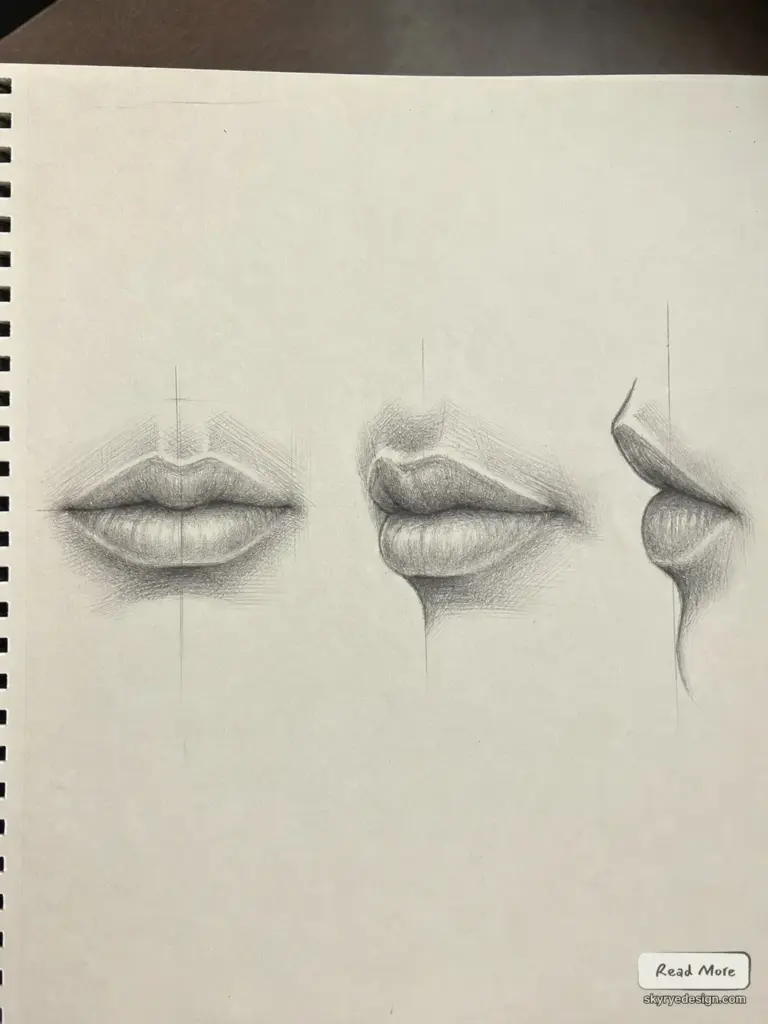 Realistic pencil sketches of lips in front, three-quarter, and profile views on a spiral sketchbook page.
