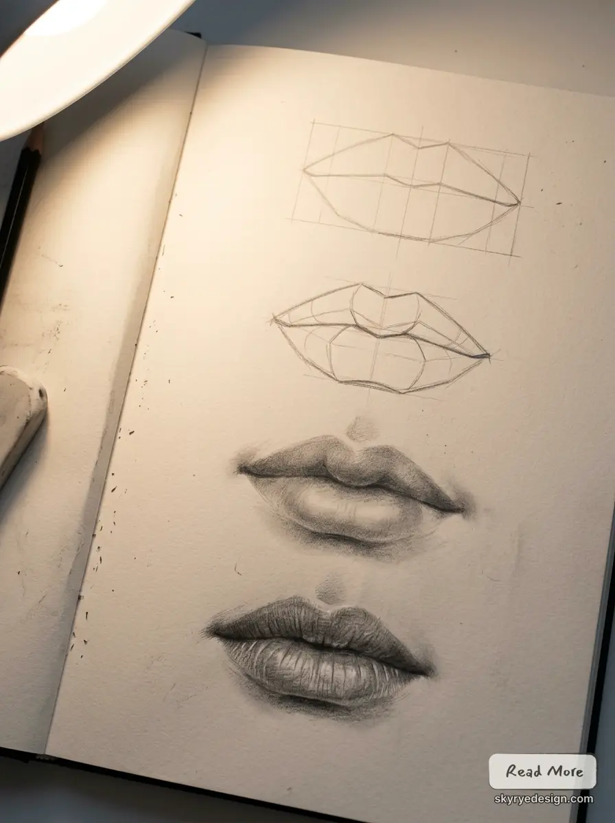 Step-by-step pencil lip drawing in sketchbook: geometric guides to shaded realistic lips under lamp