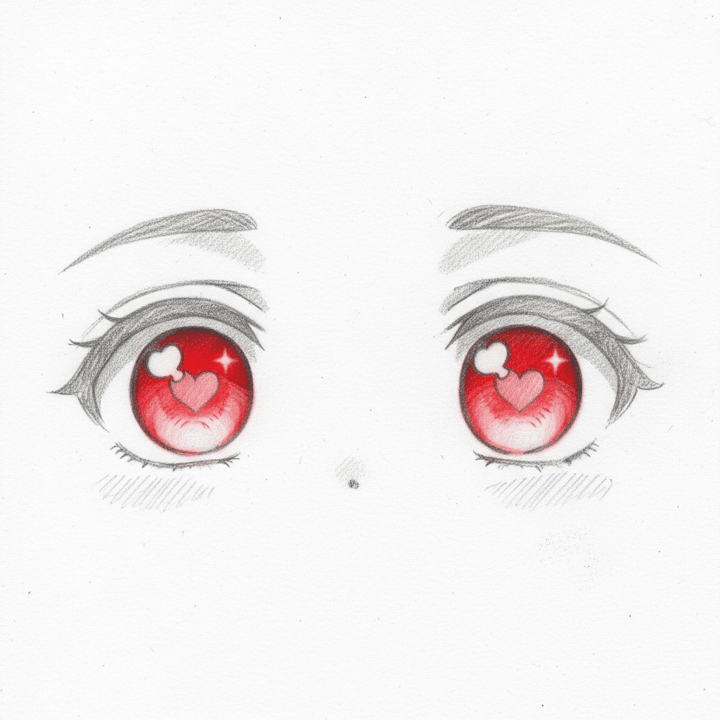 dreamcanvas-1768920126258 Anime-style eyes with red irises and heart-shaped highlights, drawn in pencil on white paper, depicting a cute, expressive | Sky Rye Design Anime-style eyes with red irises and heart-shaped highlights, drawn in pencil on white paper, depicting a cute, expressive