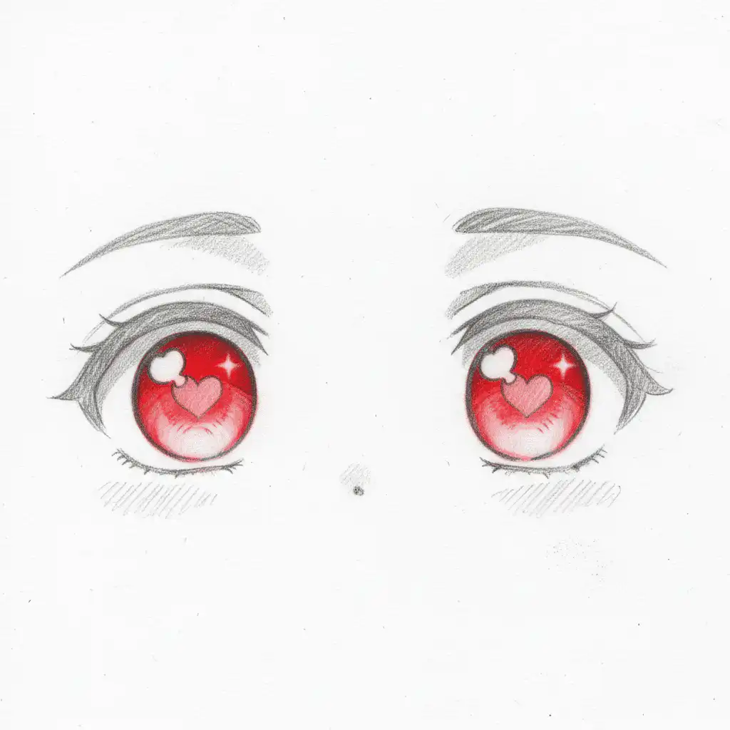Anime-style eyes with red irises and heart-shaped highlights, drawn in pencil on white paper, depicting a cute, expressive