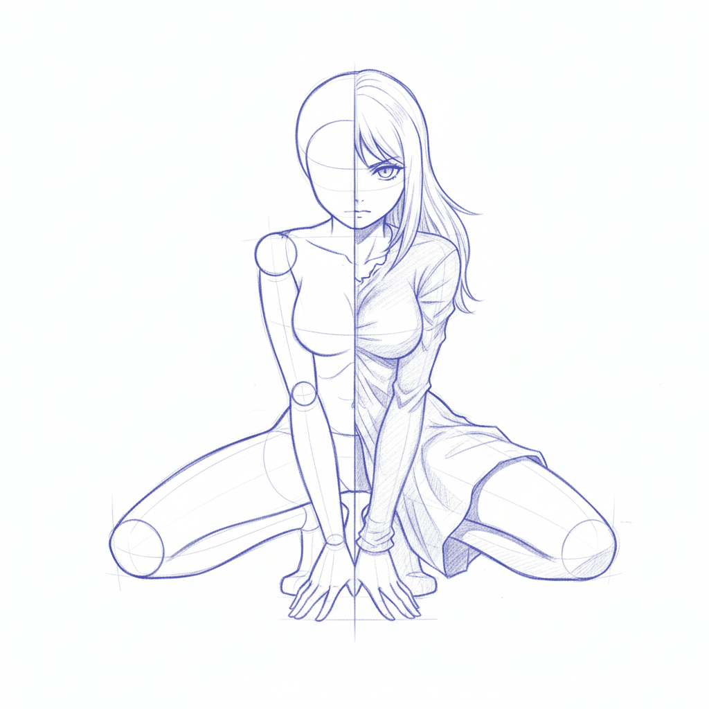Split illustration of anime girl, half realistic and half mannequin sketch, sitting with hands on floor, emphasizing
